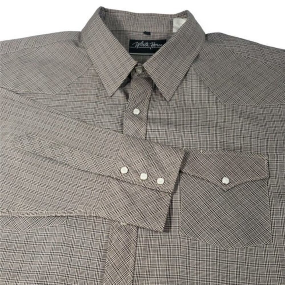 White Horse Mens‎ XXL Brown Plaid Long Sleeve Pearl Snap Shirt Vintage